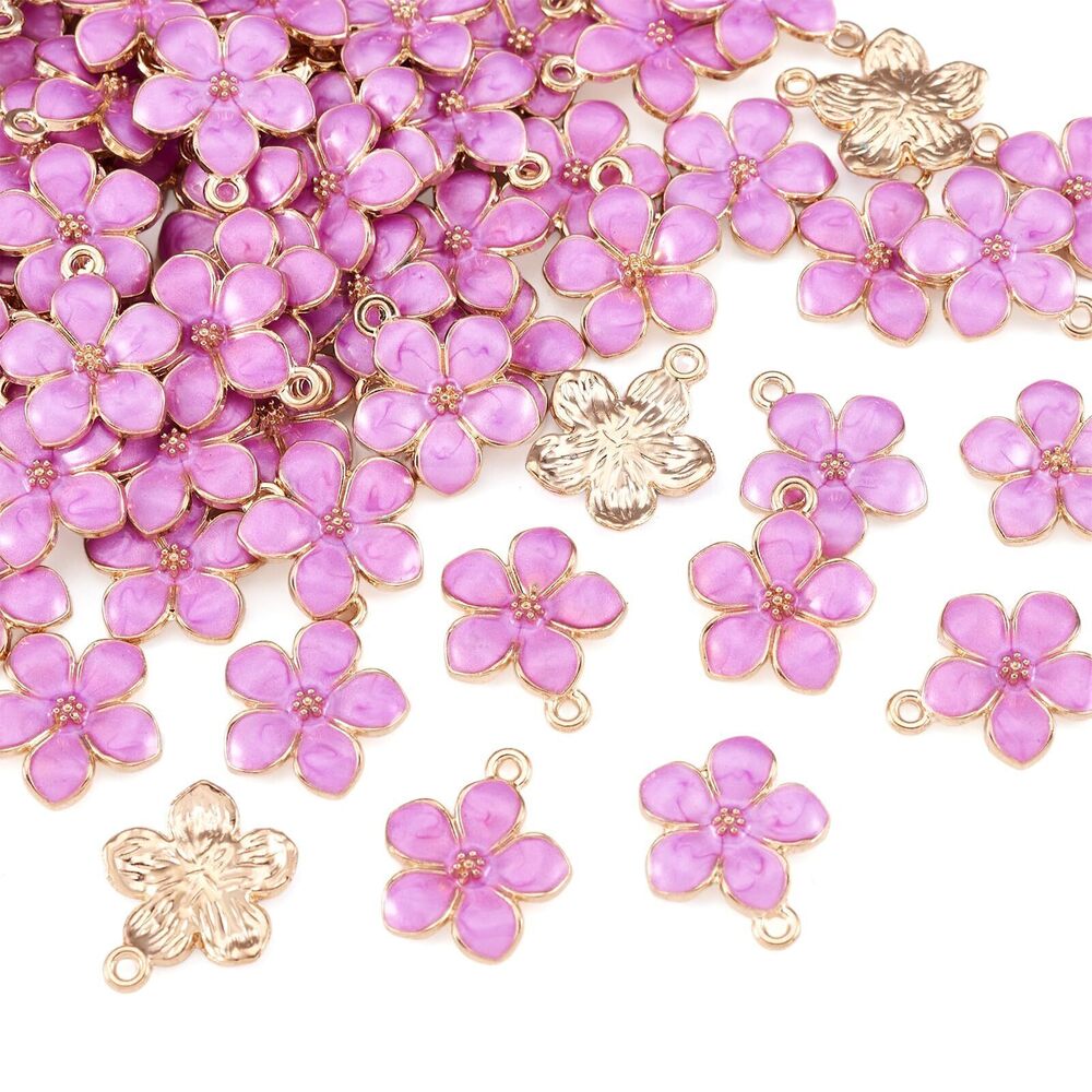 3002 Beadthoven 100pcs Lilac Flower Alloy Enamel Charm Pendants Gold Plated